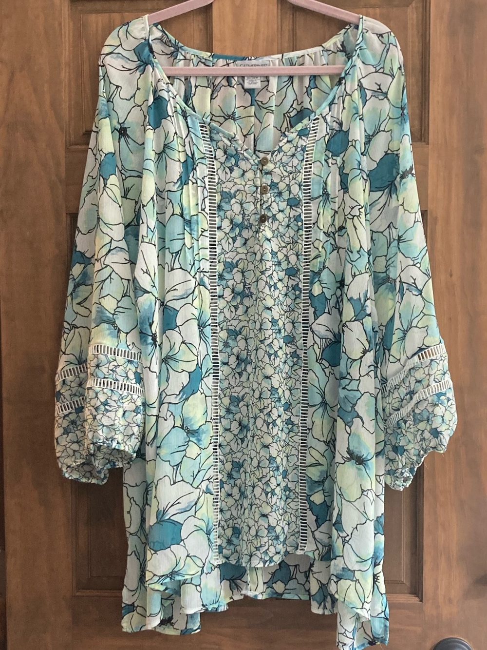 Catherines Sheer Shades of Green Floral Print Top 5X